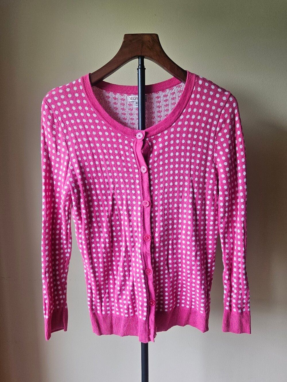 Merona Pink and White Polka Dot Button-Front Cardigan Size Medium